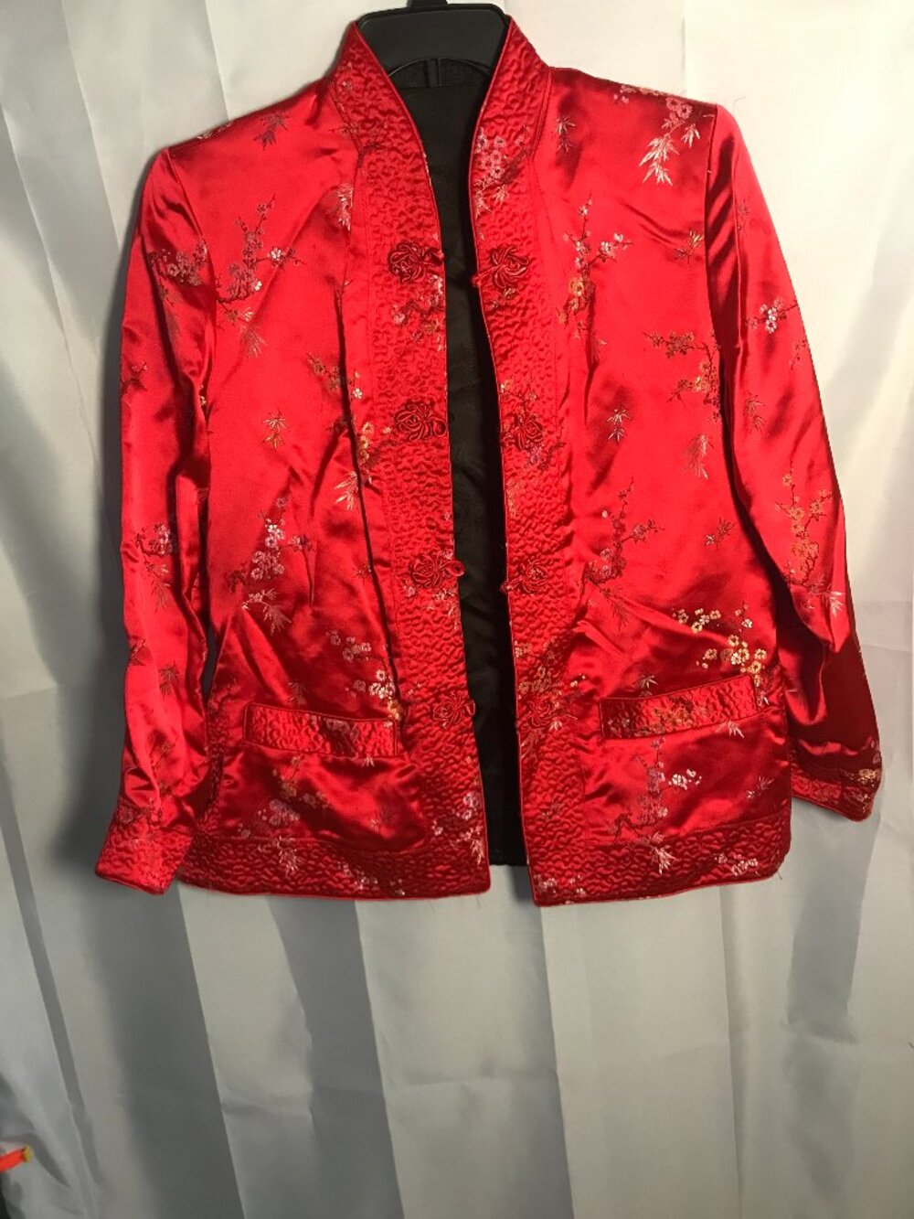 Reversible Asian-Inspired Brocade Jacket Red & Black Floral Mandarin Style